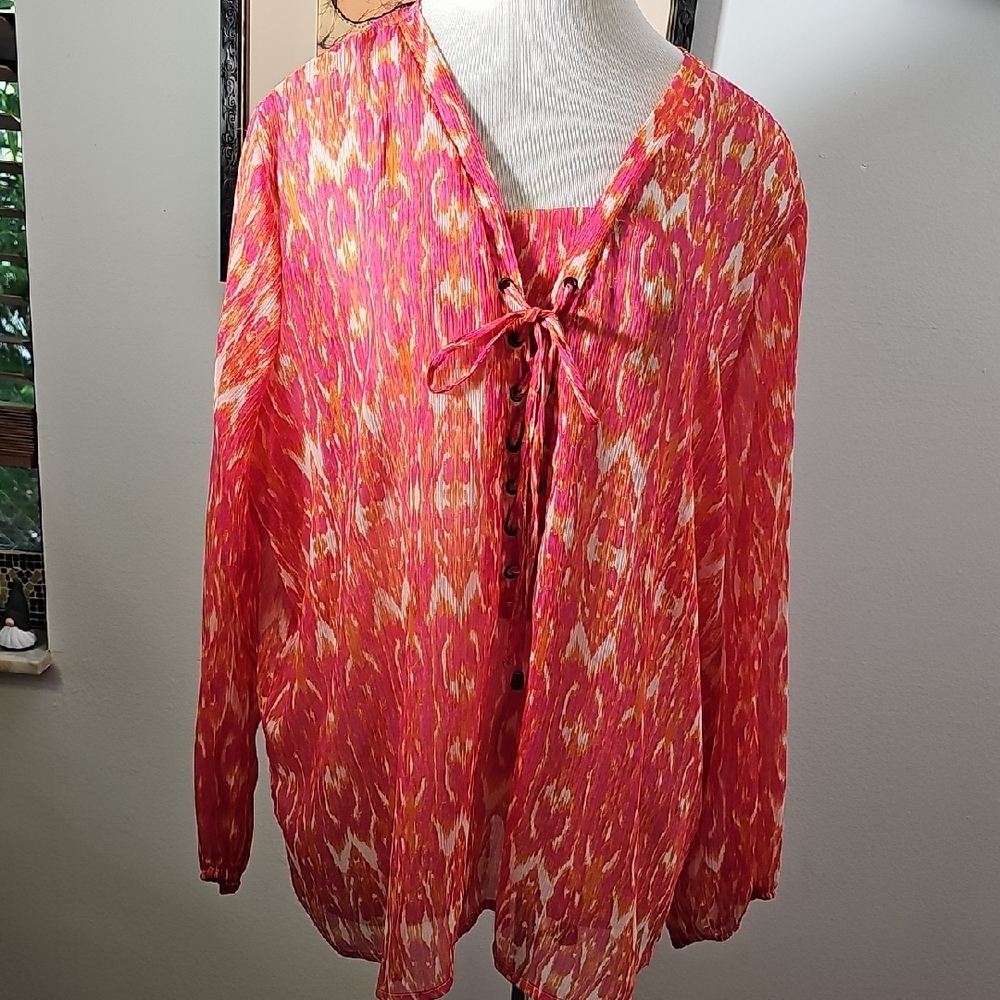 Women's Pink Patterned Sheer Blouse. By Au‎ Lieu Size 1X.